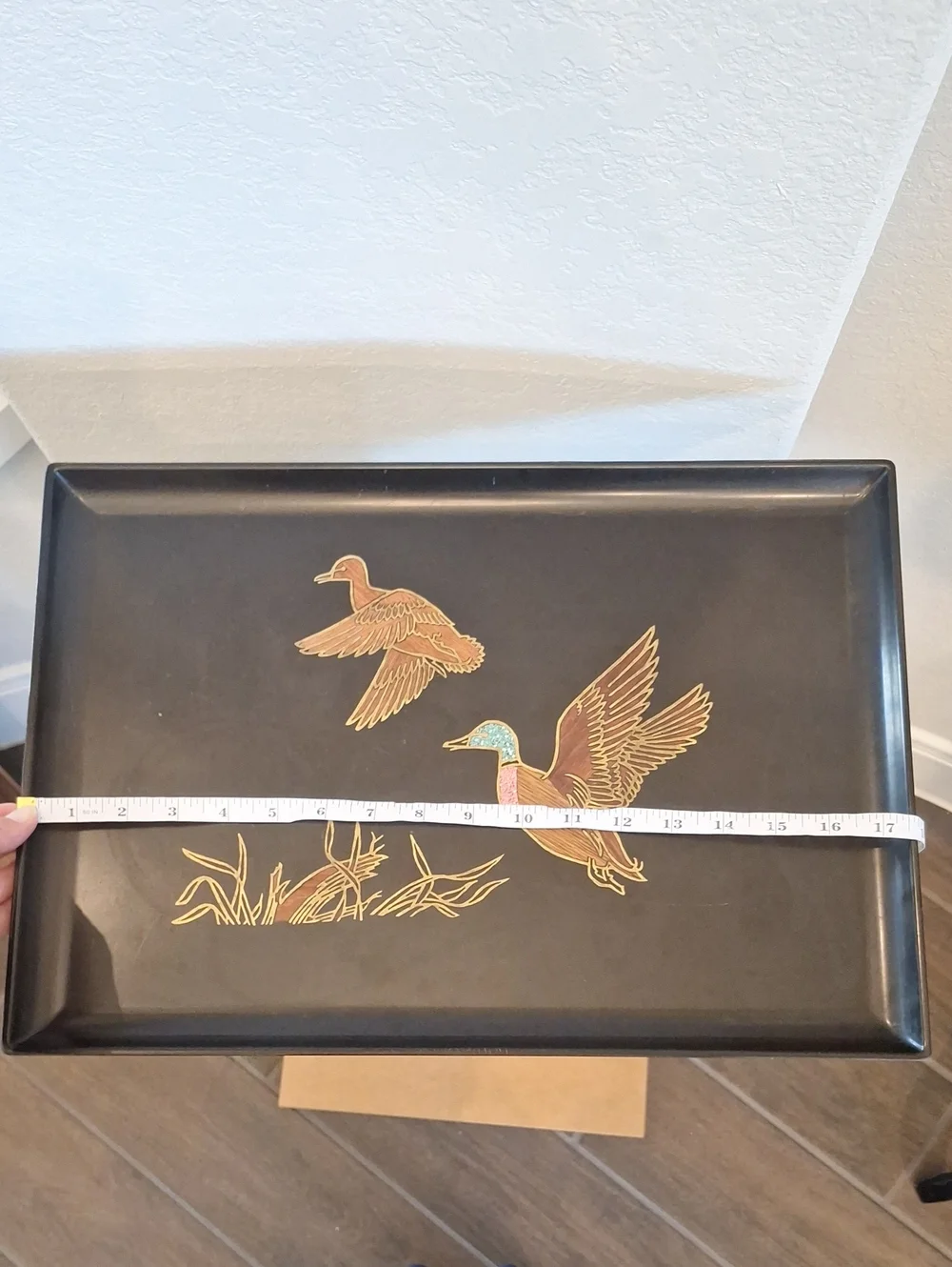 Vintage Couroc Of Monterey California Black Tray With Ducks Stone & Wood Inlay